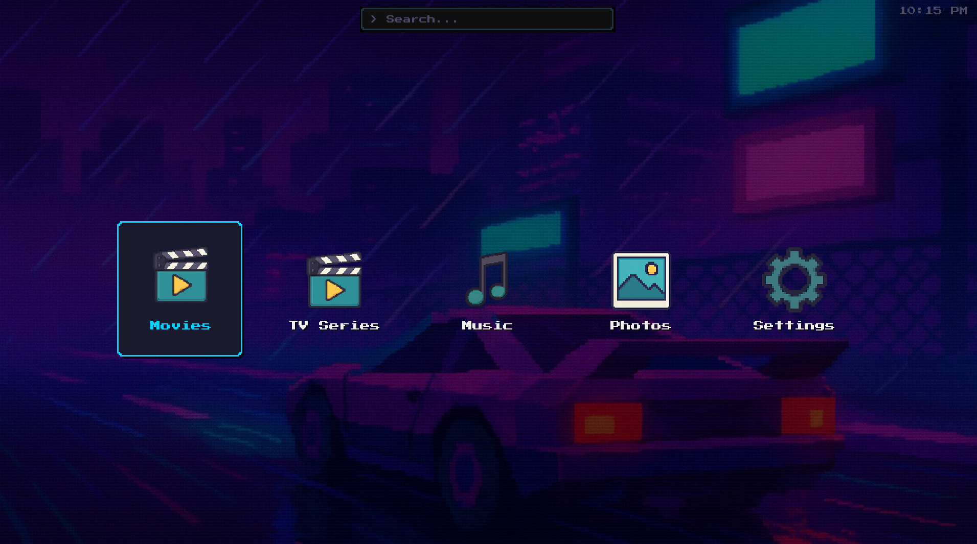 CineBit main menu with retro 16-bit aesthetic